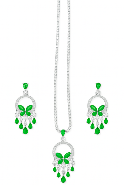 Green Cubic Zirconia Chandelier Tassel Drop Big Necklace set for women