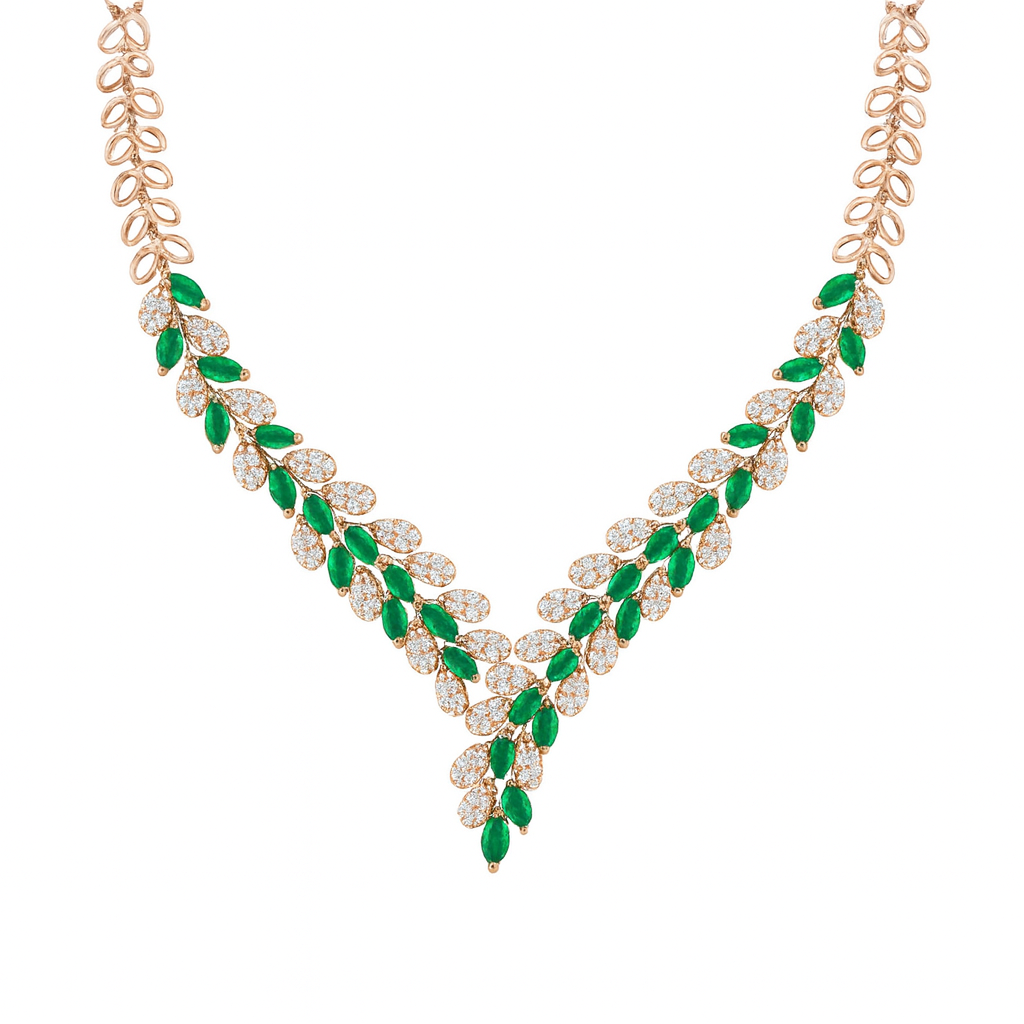 Rose gold plated crystal rhinestone leaf cluster necklace with pair of earring for girls & women