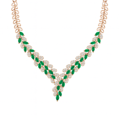 Rose gold plated crystal rhinestone leaf cluster necklace with pair of earring for girls & women