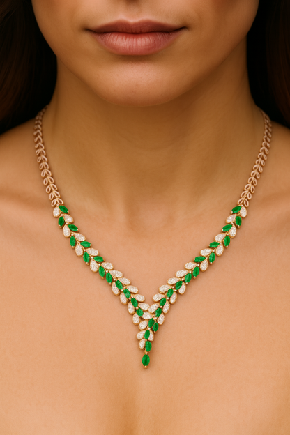 Rose gold plated crystal rhinestone leaf cluster necklace with pair of earring for girls & women