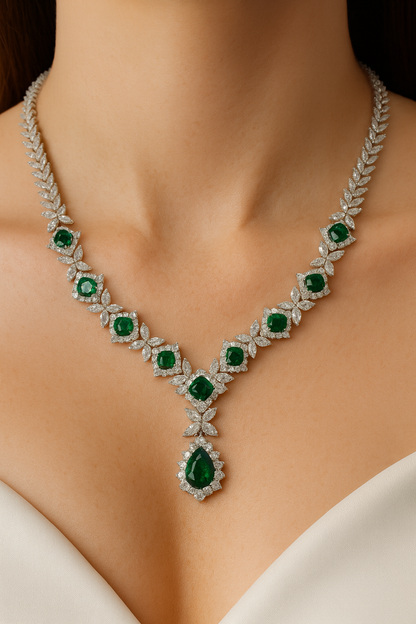 Cubic Zirconia Green and white diamonds luxurious necklace