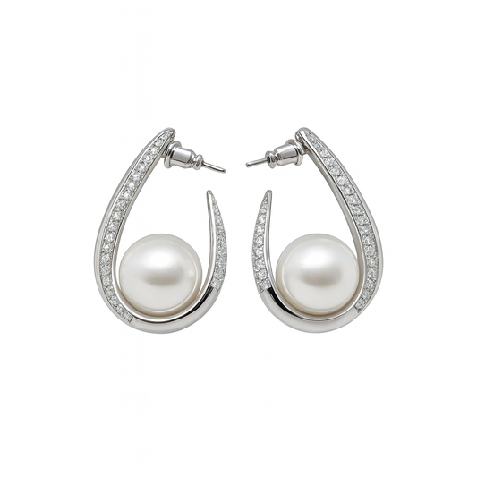 trendy micro pave cubic diamonds U shape pearl huggie earring for girls