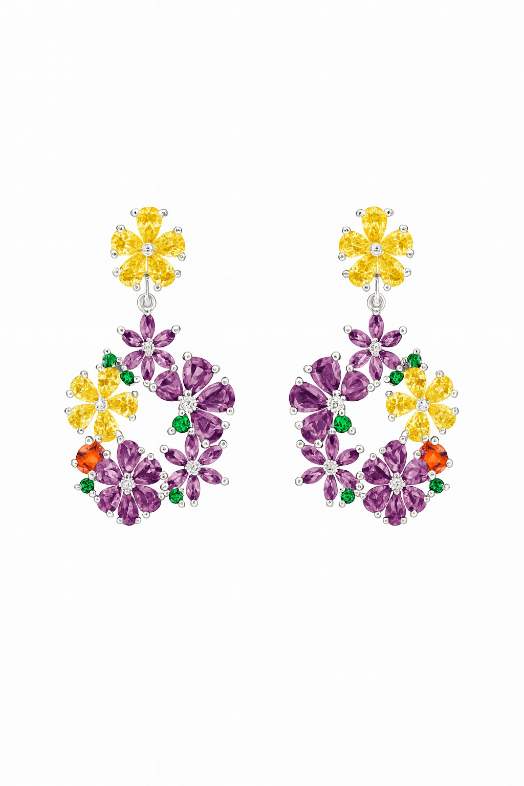 yellow & purple colour cubic zirconia stone cluster flower long dangle earring for girls