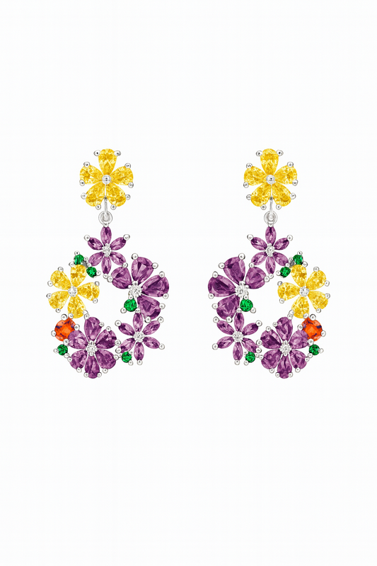 yellow & purple colour cubic zirconia stone cluster flower long dangle earring for girls