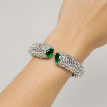 Silver plated unique style with green zirconia diamonds bangles for women