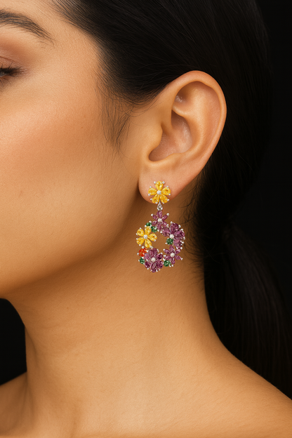 yellow & purple colour cubic zirconia stone cluster flower long dangle earring for girls