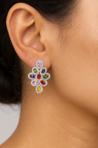 Luxury multi colour cubic zirconia stone large flower stud earring for women