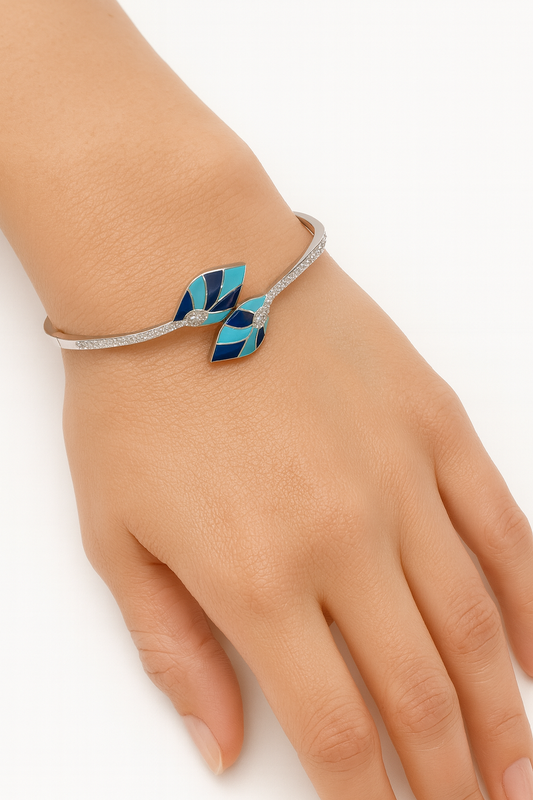 Silver plated Vintage Enamel Leaves shape with cubic diamonds kada for women