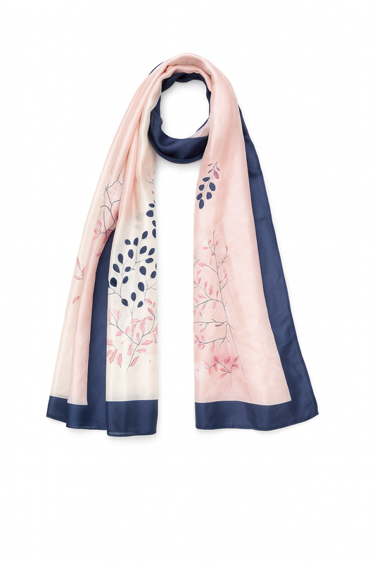 Pink Flower Printed Long Soft Silk Scarf