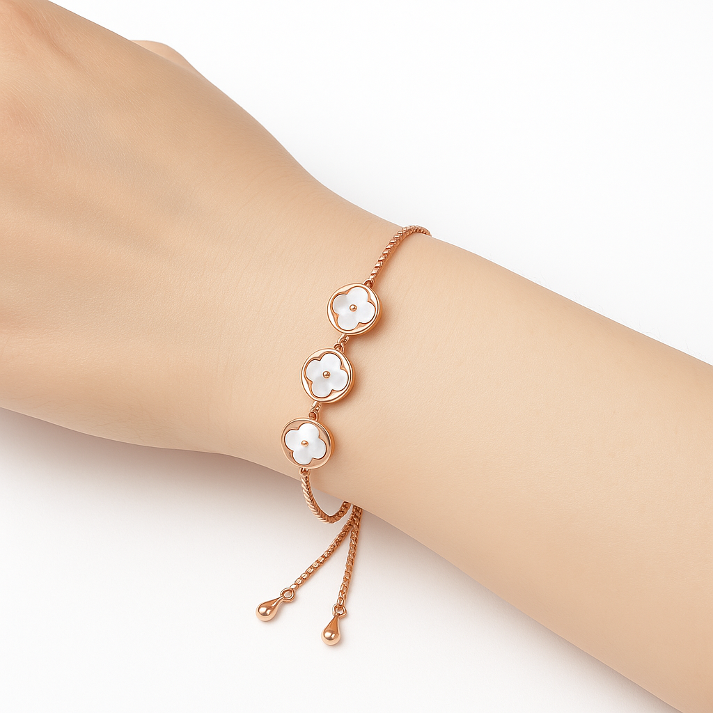Three flower pearl rose gold bracelet