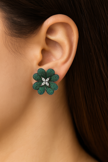 Green flower with white diamond earring with emerald