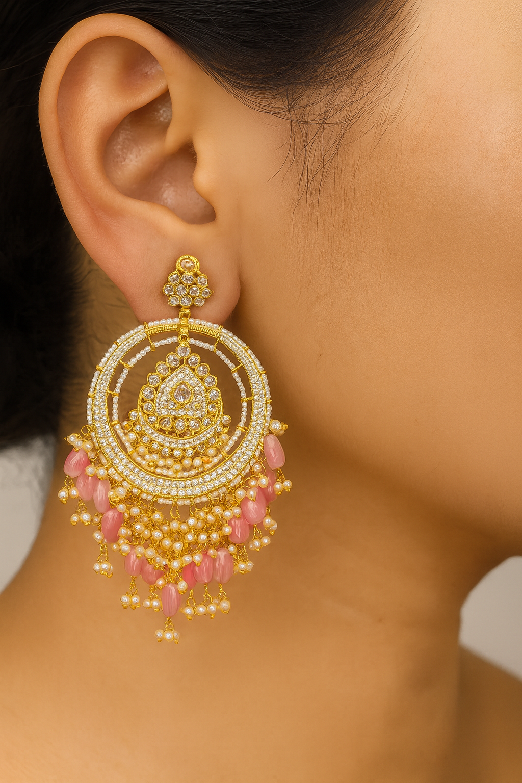 Pink handball earring with rodium finish