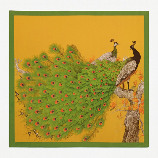 Beautiful peacock print yellow and green scarf