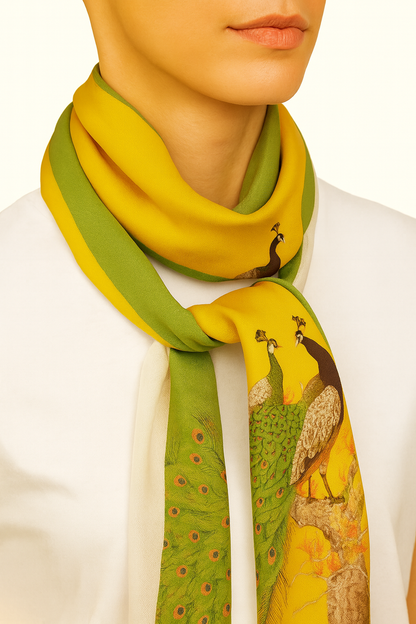 Beautiful peacock print yellow and green scarf