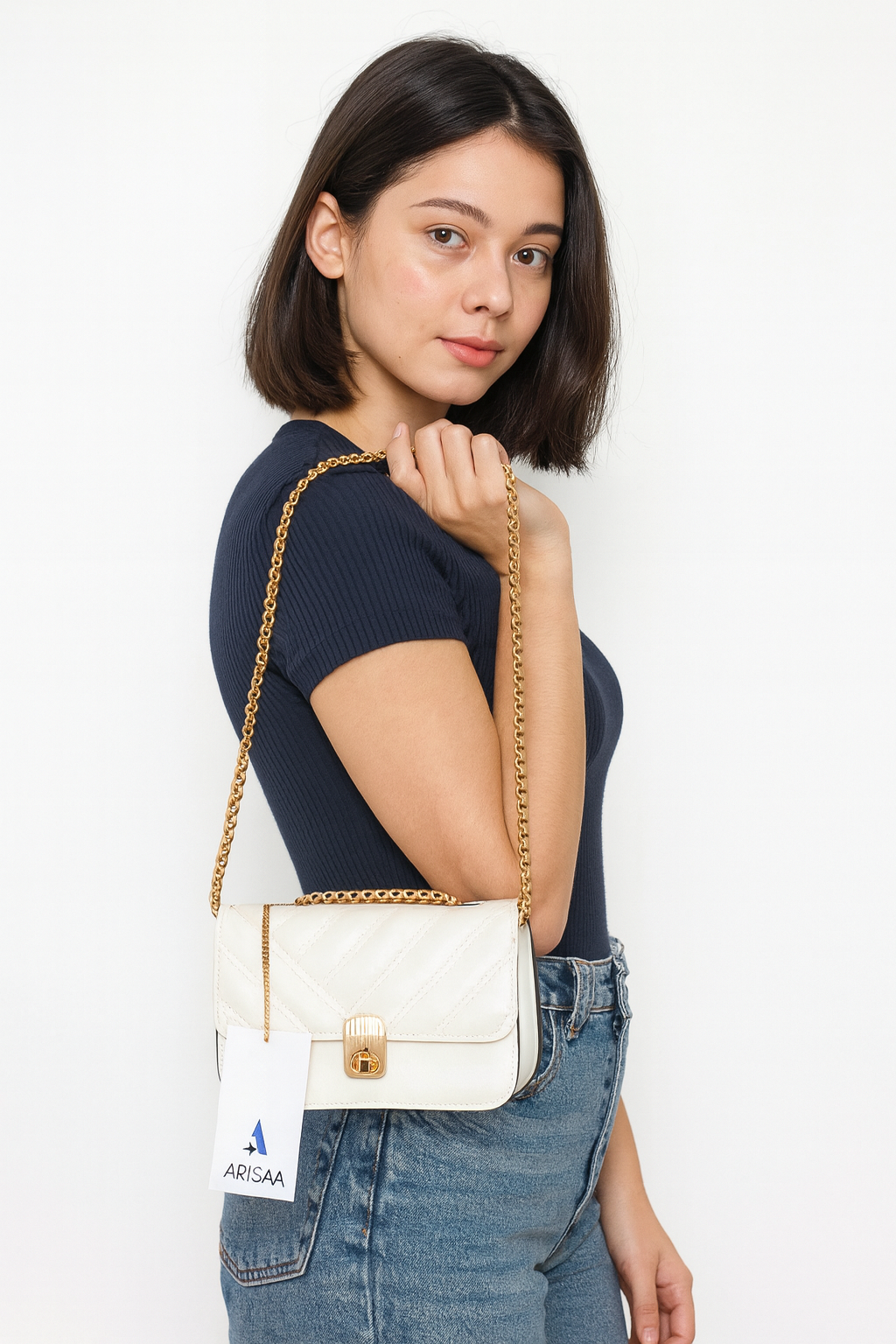 Fancy  white purse with  gold chain