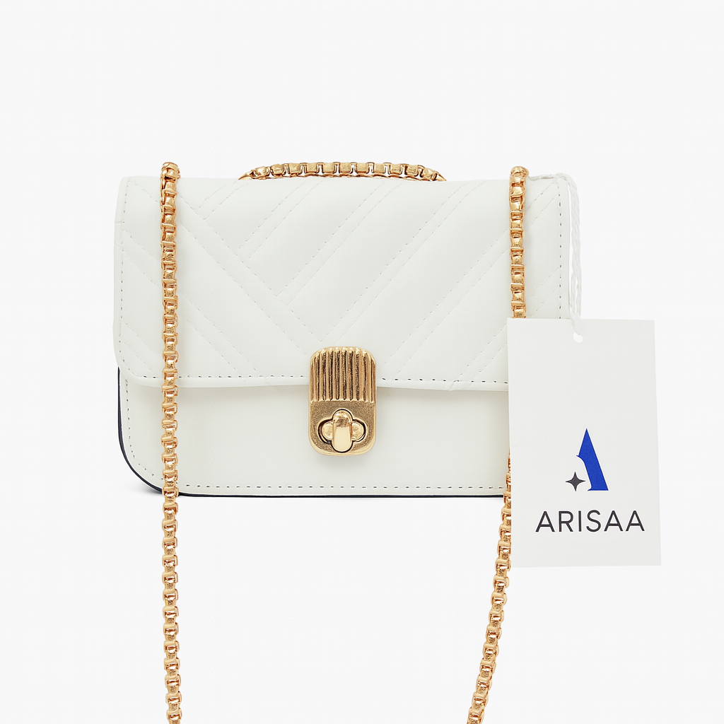 Fancy small white purse with  gold chain