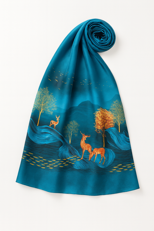Deer and tree printed blue colour scarf
