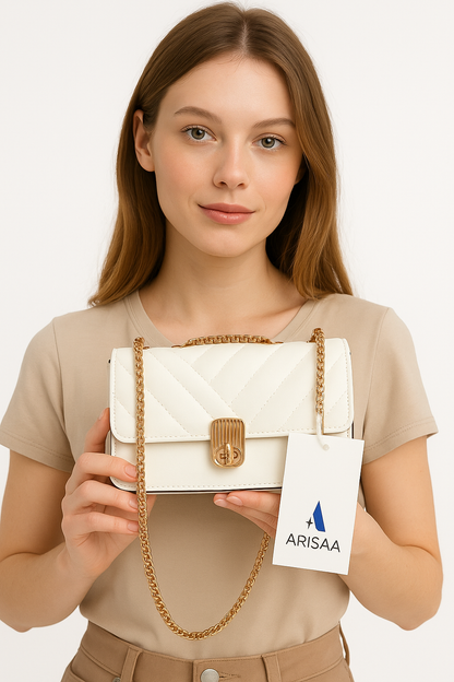 Fancy small white purse with  gold chain