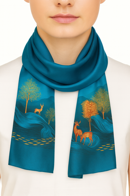 Deer and tree printed blue colour scarf