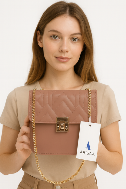 Fancy tan handbag with  gold chain