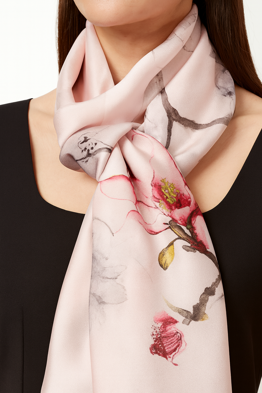 Pink scarf with delicate flowers.