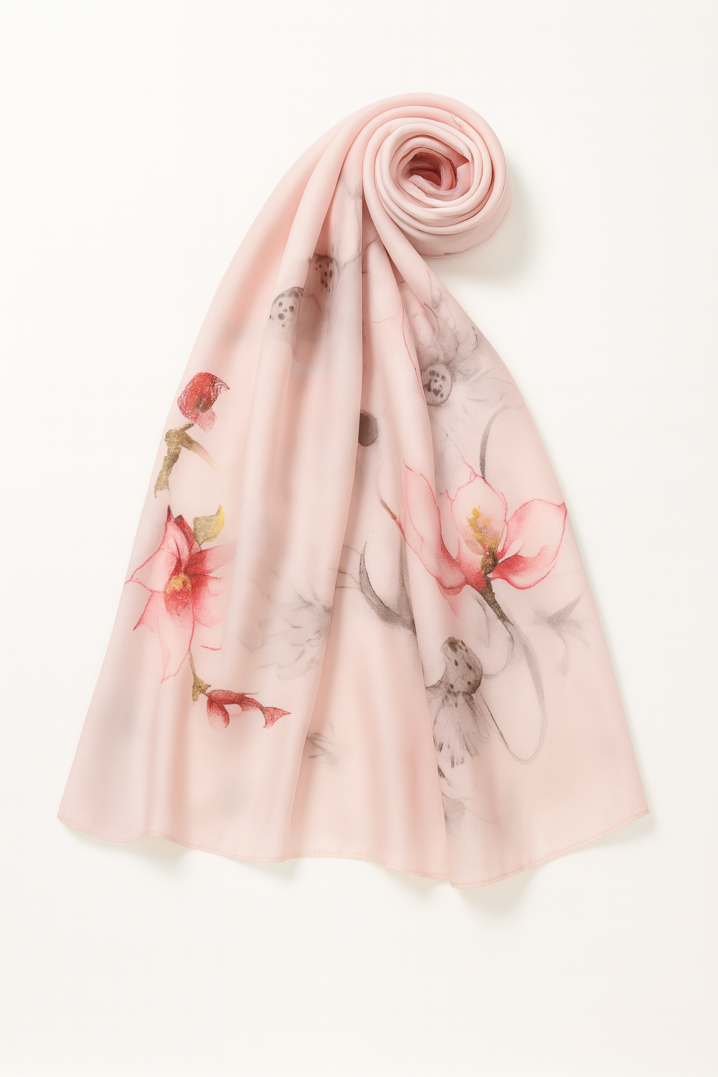 Pink scarf with delicate flowers.