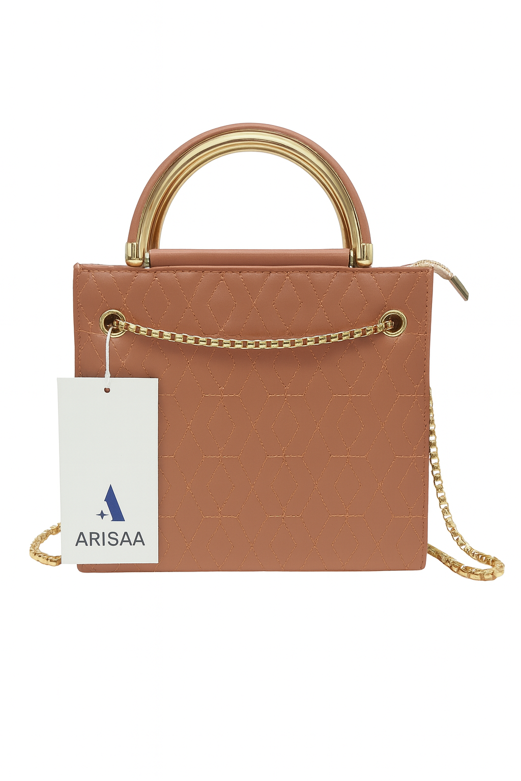 Luxurious tan handbag with  gold chain