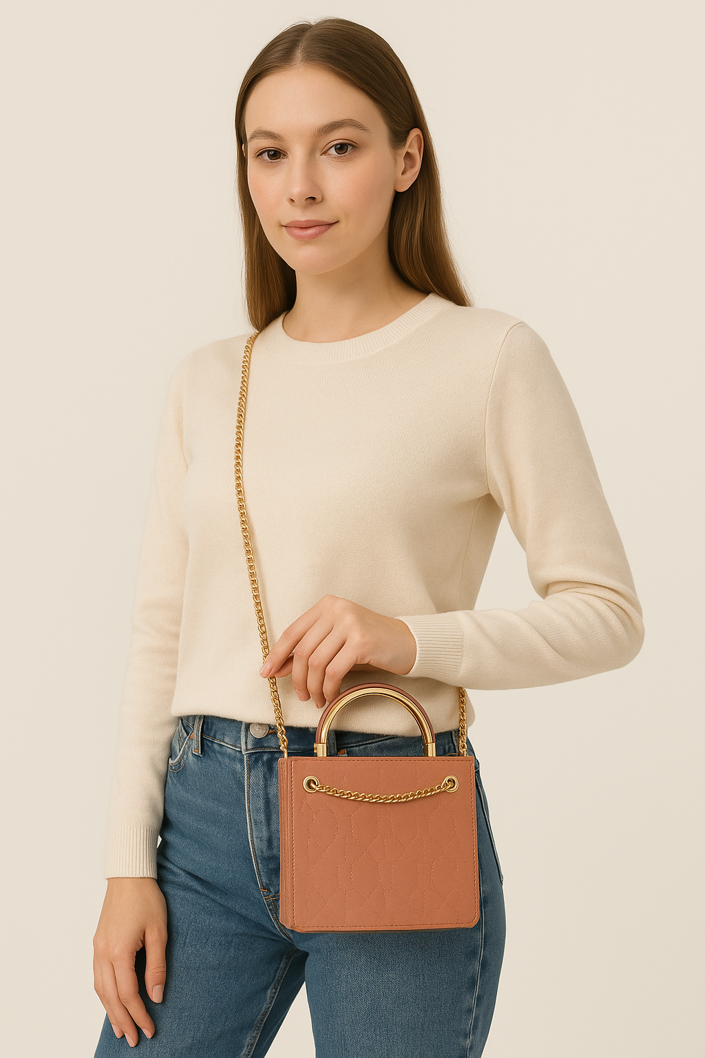 Luxurious tan handbag with  gold chain