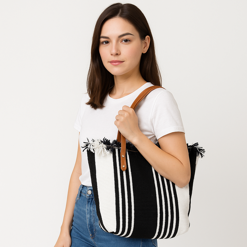 Black and white woollen hand bag