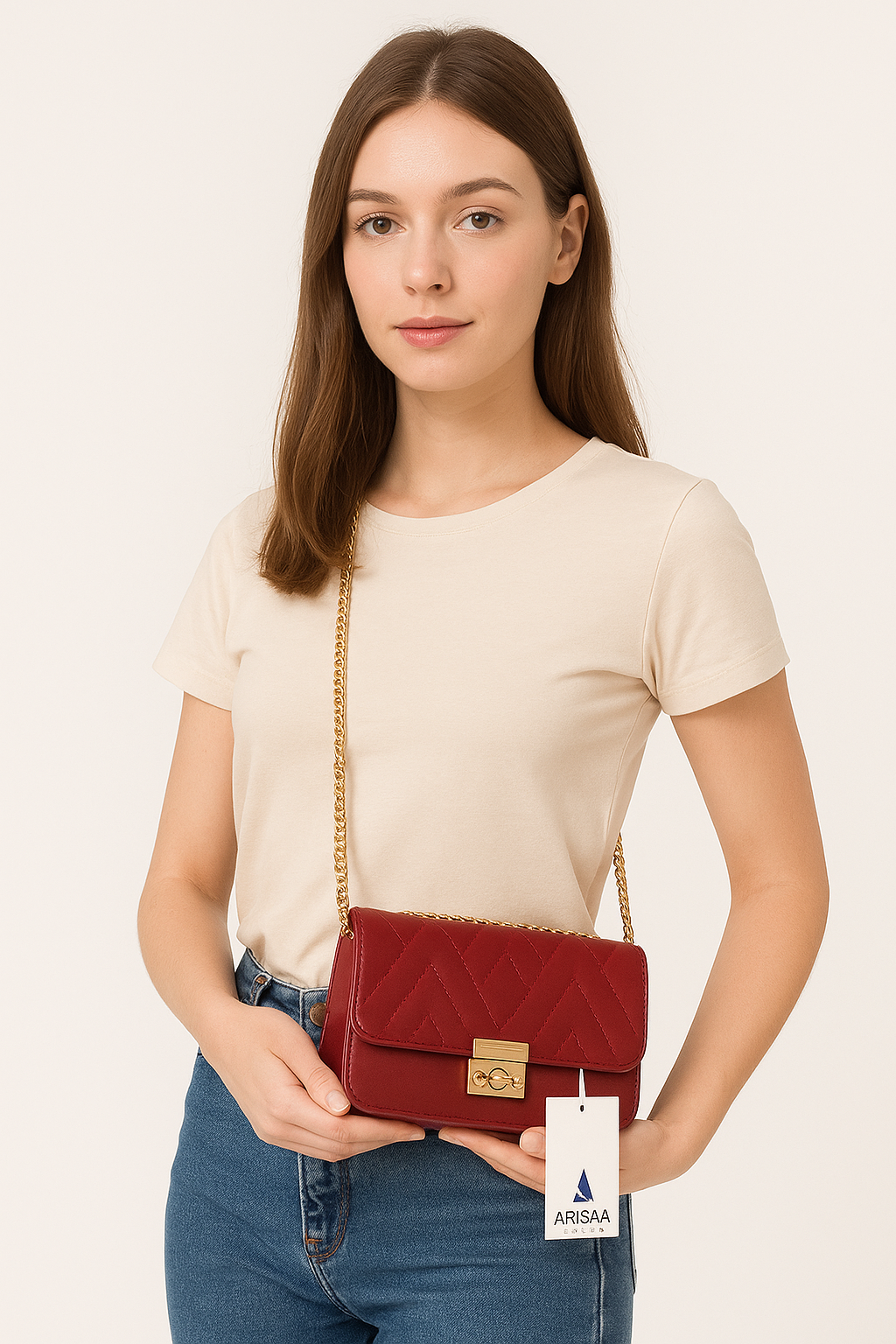 Red colour fancy purse with gold chain