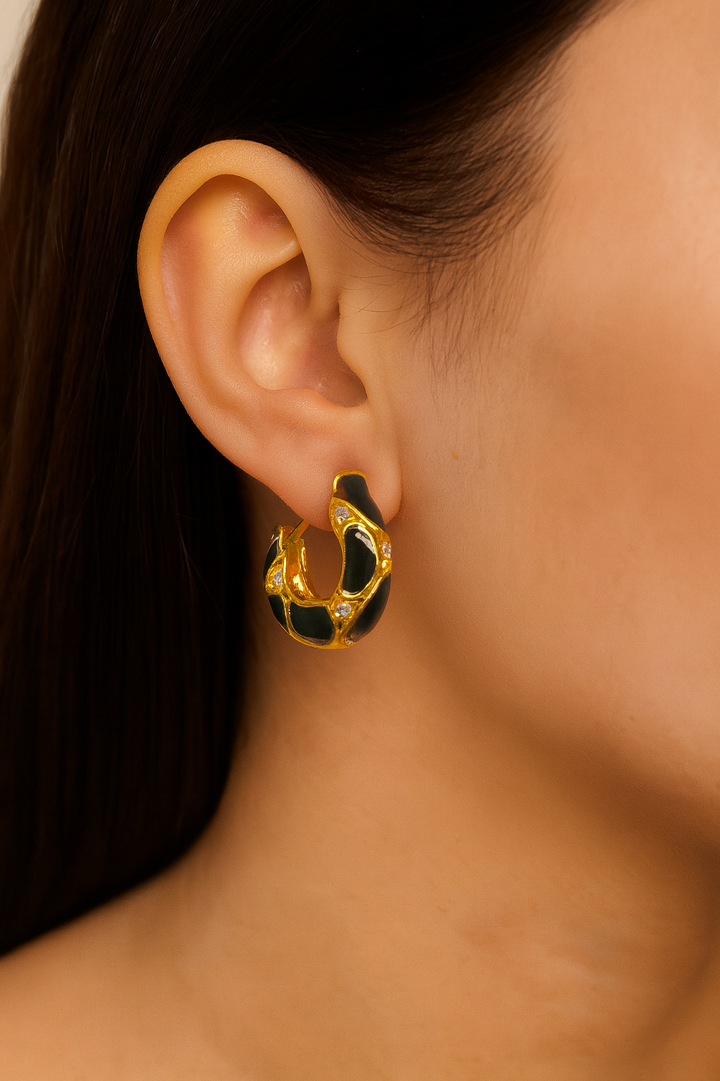 Golden Black Enamel Huggie Earring For Women