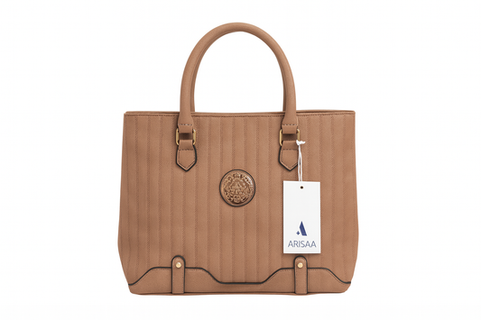 Striking gold buckle brown hand bag