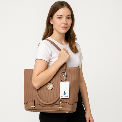 Striking gold buckle brown hand bag