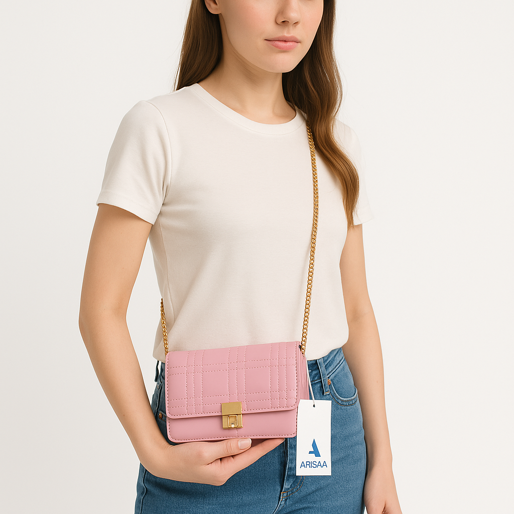 Stylish pink shade hand bag with chain