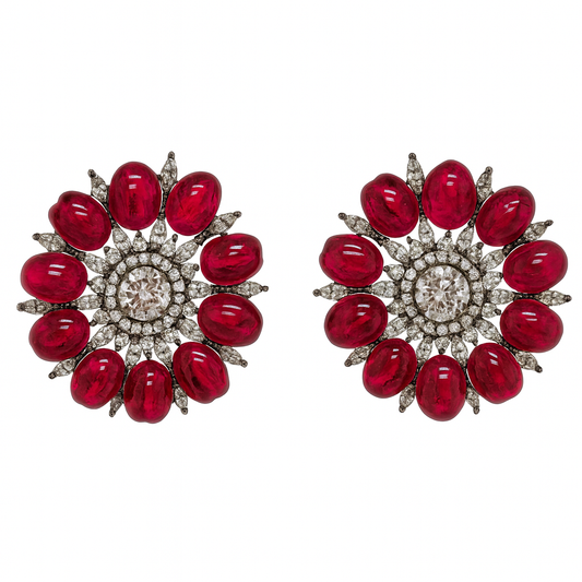 Sunflower Style Zirconia With Red Stone Stud Earring