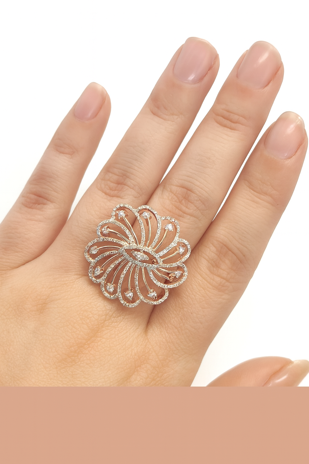 Trendy luxury style rose gold plated with cubic diamonds finger ring for girls