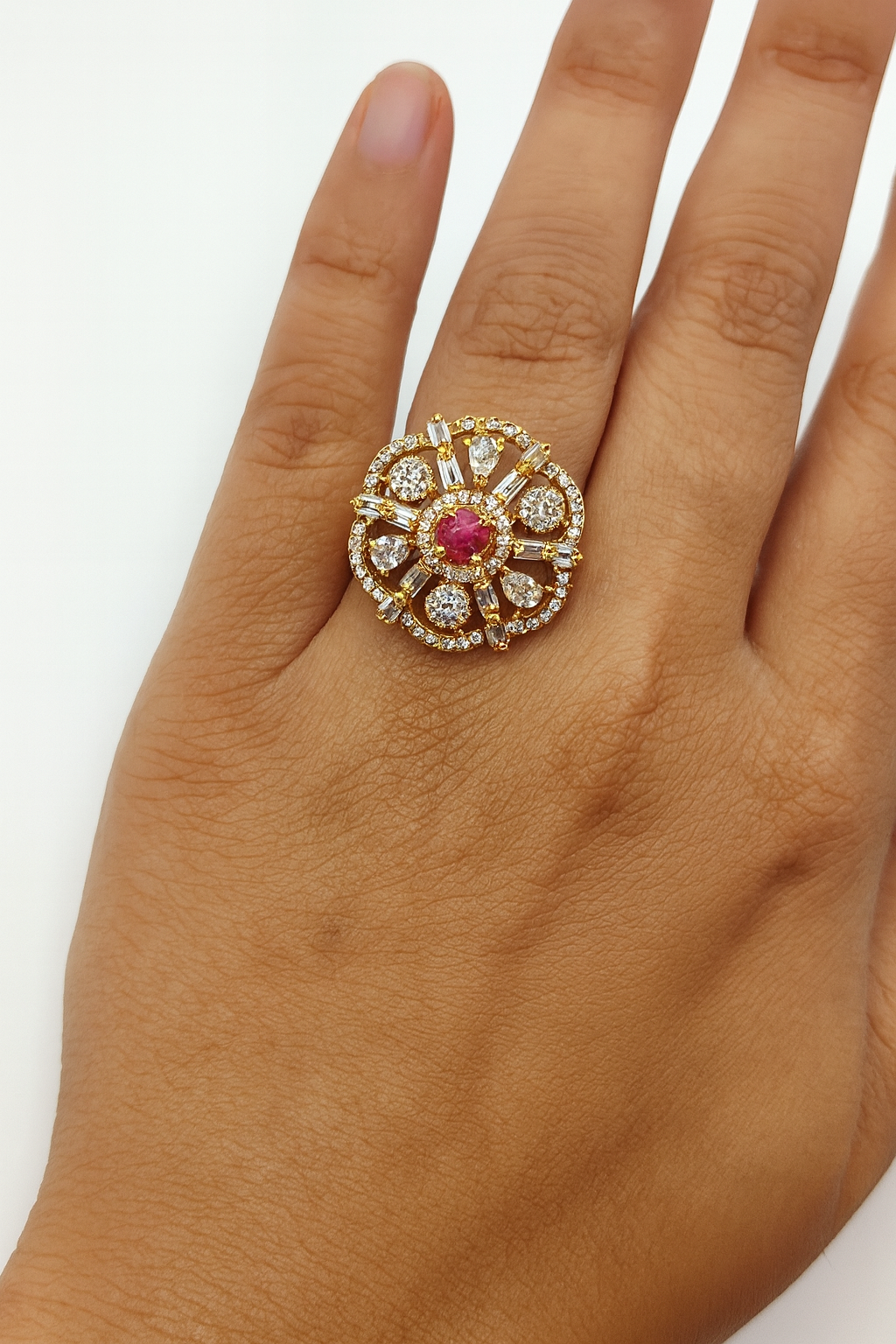 Solid gold round ruby flower engagement ring for women