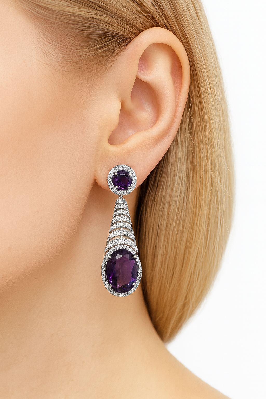 Elegant Style Zirconia Diamonds With Purple Stone Dangle Earring