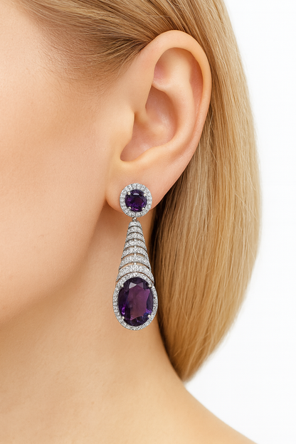 Elegant Style Zirconia Diamonds With Purple Stone Dangle Earring