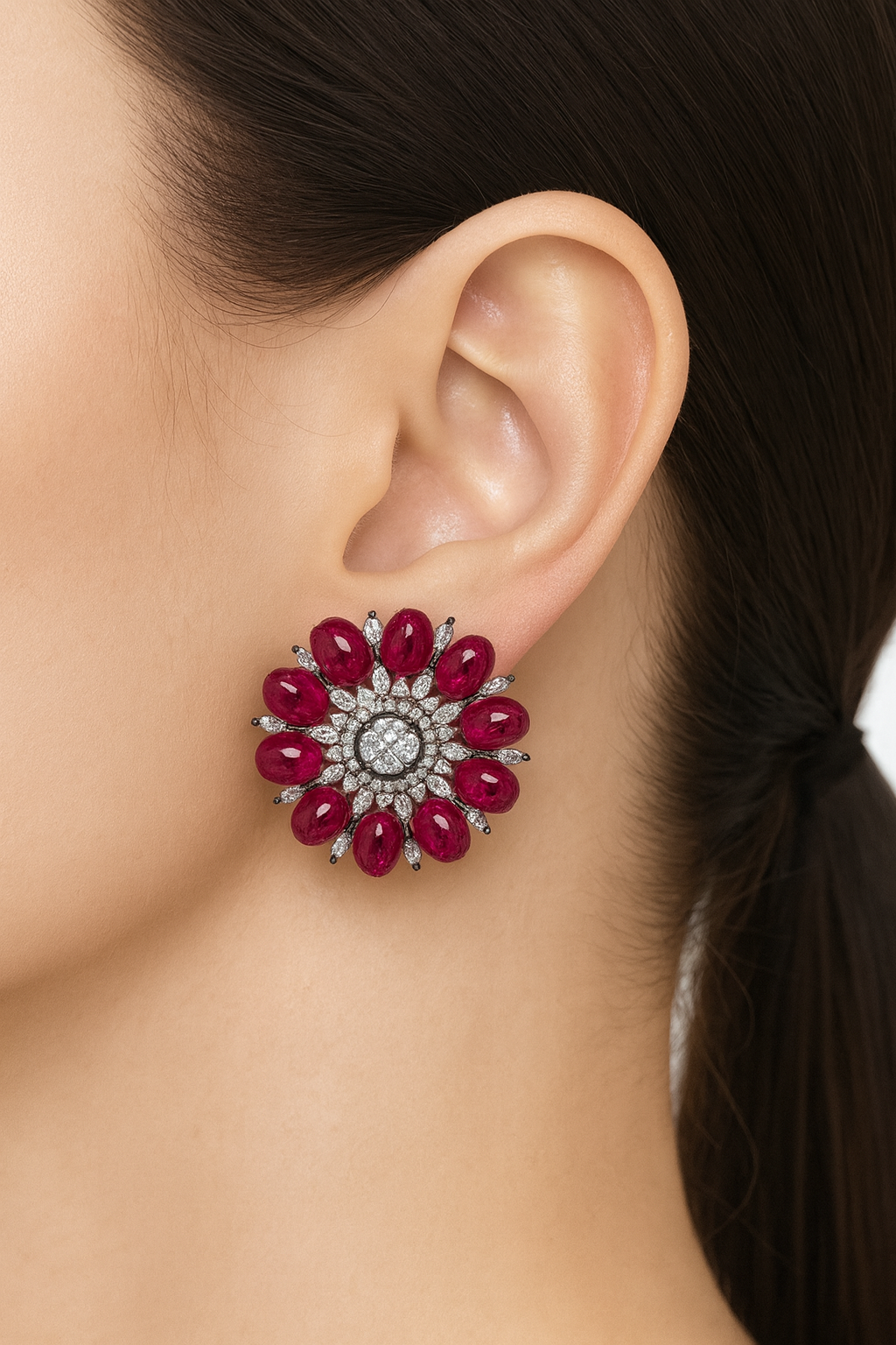 Sunflower Style Zirconia With Red Stone Stud Earring