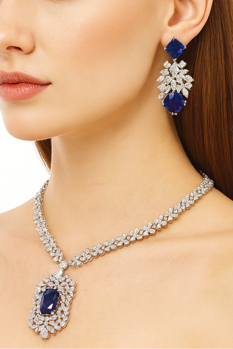 Luxury white gold plated blue shiny cubic zircon stone necklace set for women