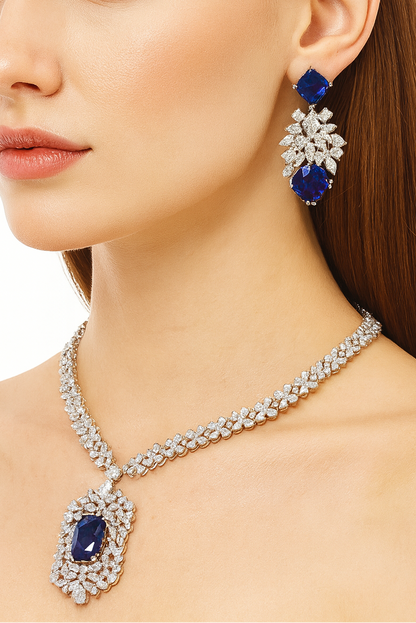 Luxury white gold plated blue shiny cubic zircon stone necklace set for women