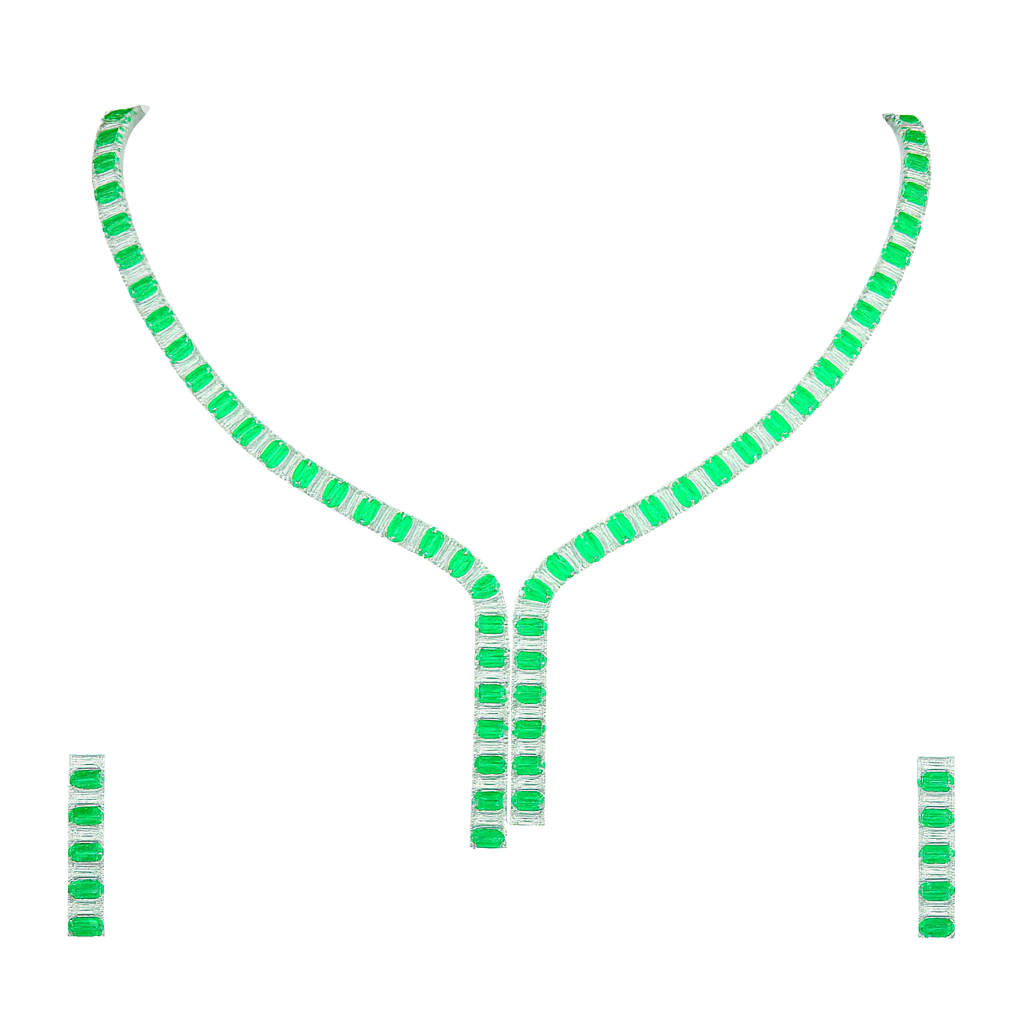 Luxury single row party wear green white rhinestone necklace with pair of earring for women