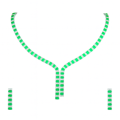Luxury single row party wear green white rhinestone necklace with pair of earring for women