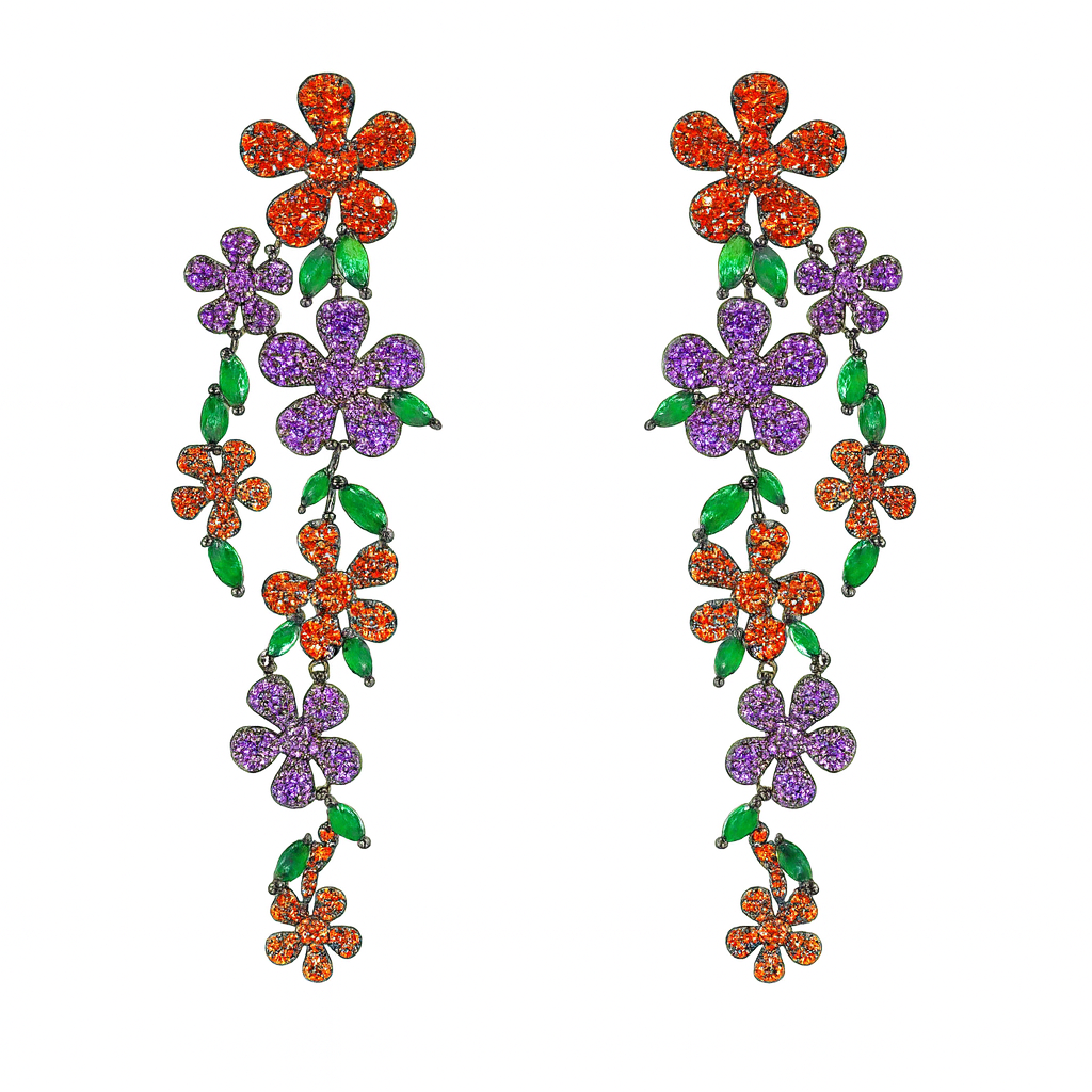 Multicolour cubic zircon flower cluster extra long drop earring for girls