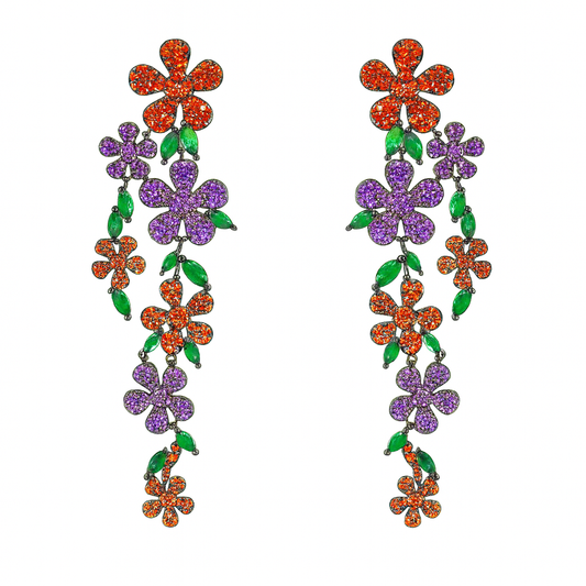 Multicolour cubic zircon flower cluster extra long drop earring for girls