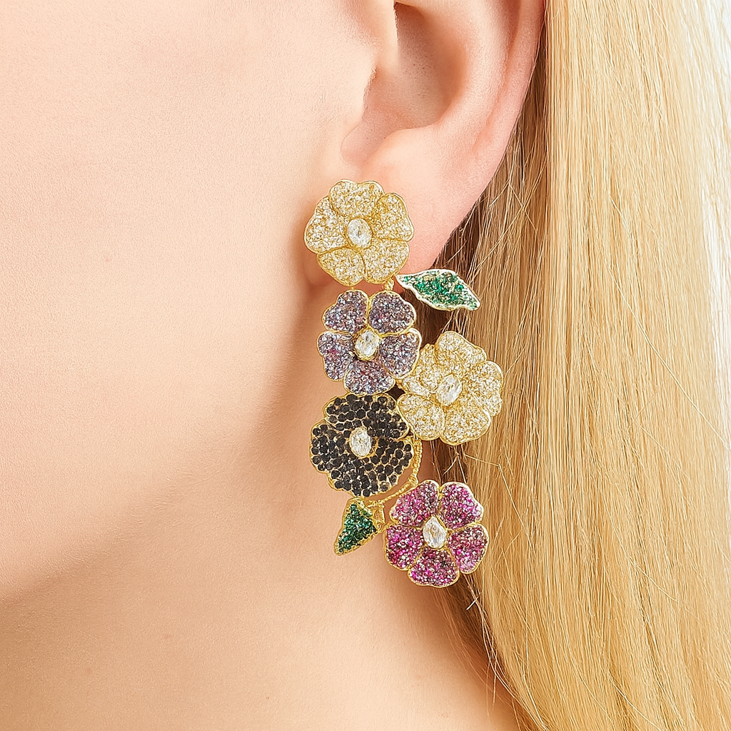Micro pave cubic zirconia multi colour flower style stud earring for girls