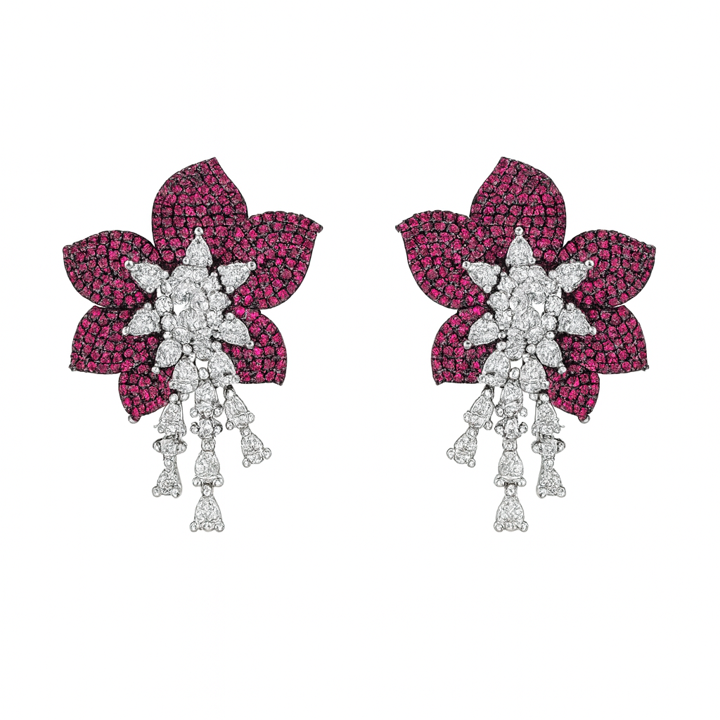 Rose Red Cubic Zirconia Tassel Large Flower Shaped Party earring for girls