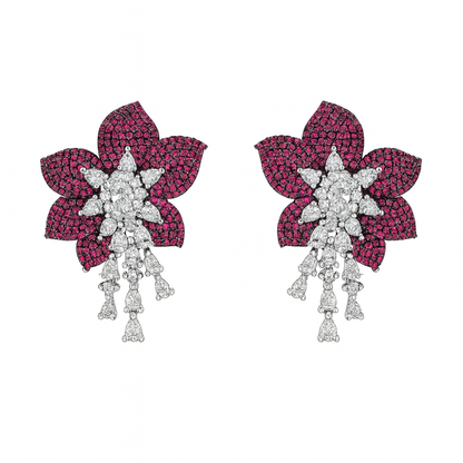 Rose Red Cubic Zirconia Tassel Large Flower Shaped Party earring for girls
