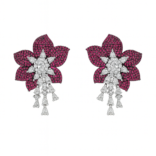 Rose Red Cubic Zirconia Tassel Large Flower Shaped Party earring for girls